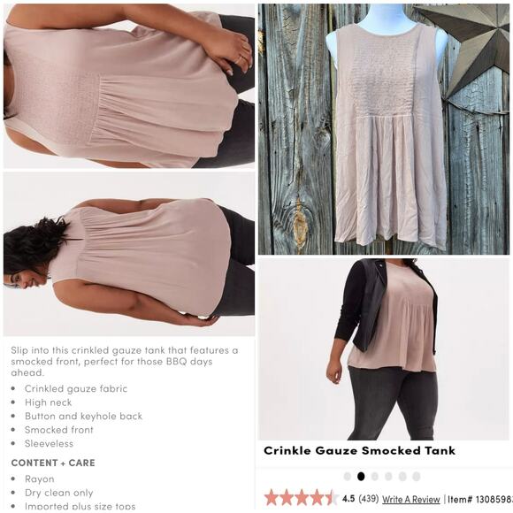 Smocked Sleeveless Top Torrid Plus Size 1X Blush Tan Crinkle Gauze Tank Keyhole - Picture 6 of 10